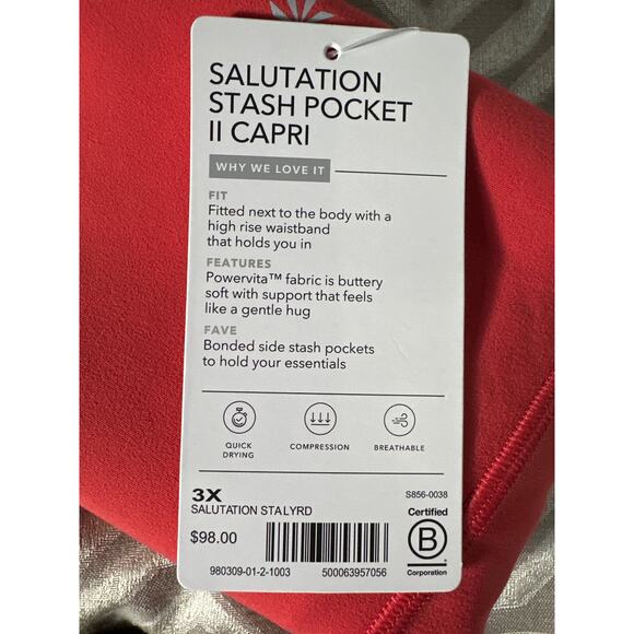 Athleta Salutation Capri Leggings 3X Plus Red Mesh Pocket NWT Lychee Stretch - Picture 8 of 8